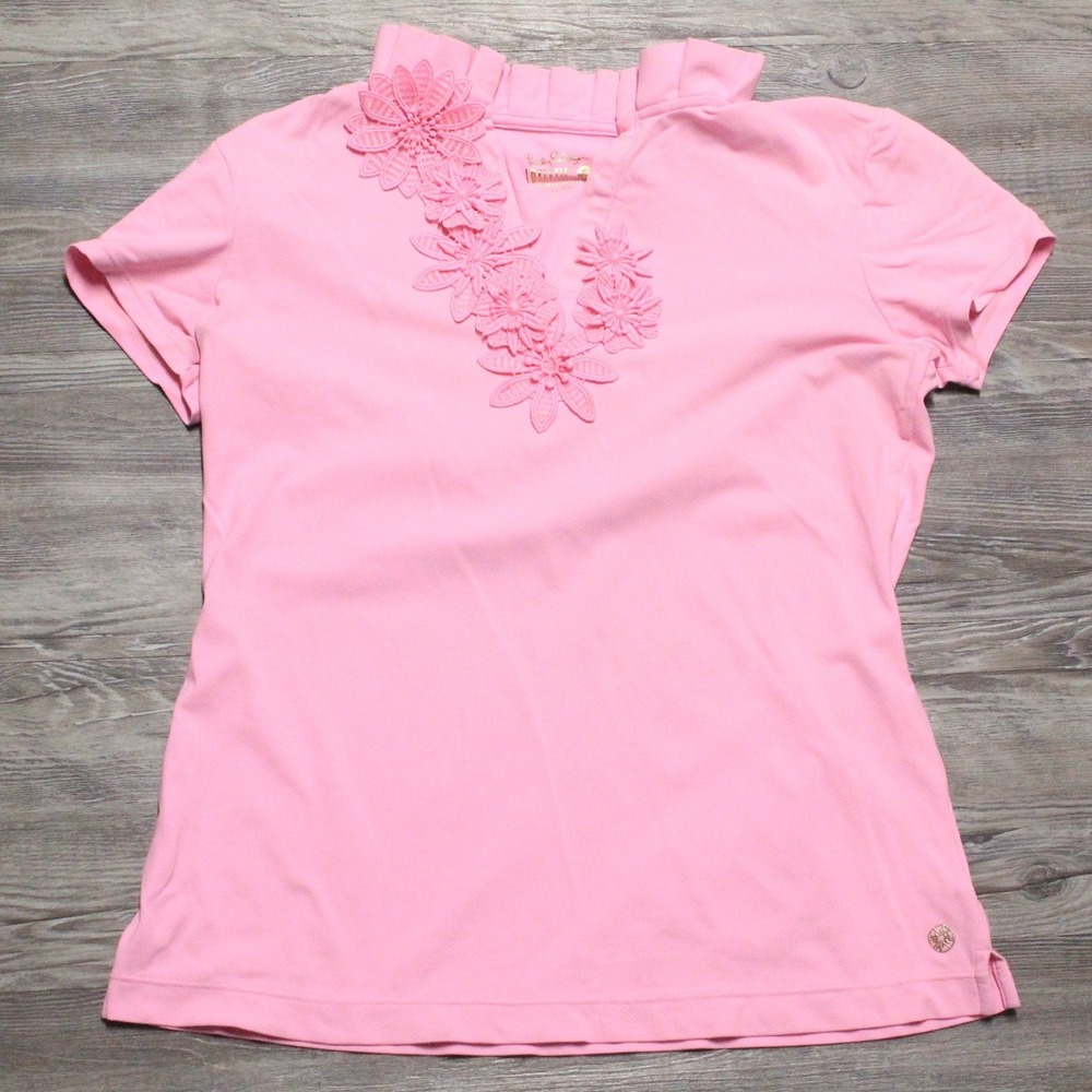 Lilly Pulitzer Shirt Womens Small Luxletic Pink Floral Ruffled Collar V-Neck